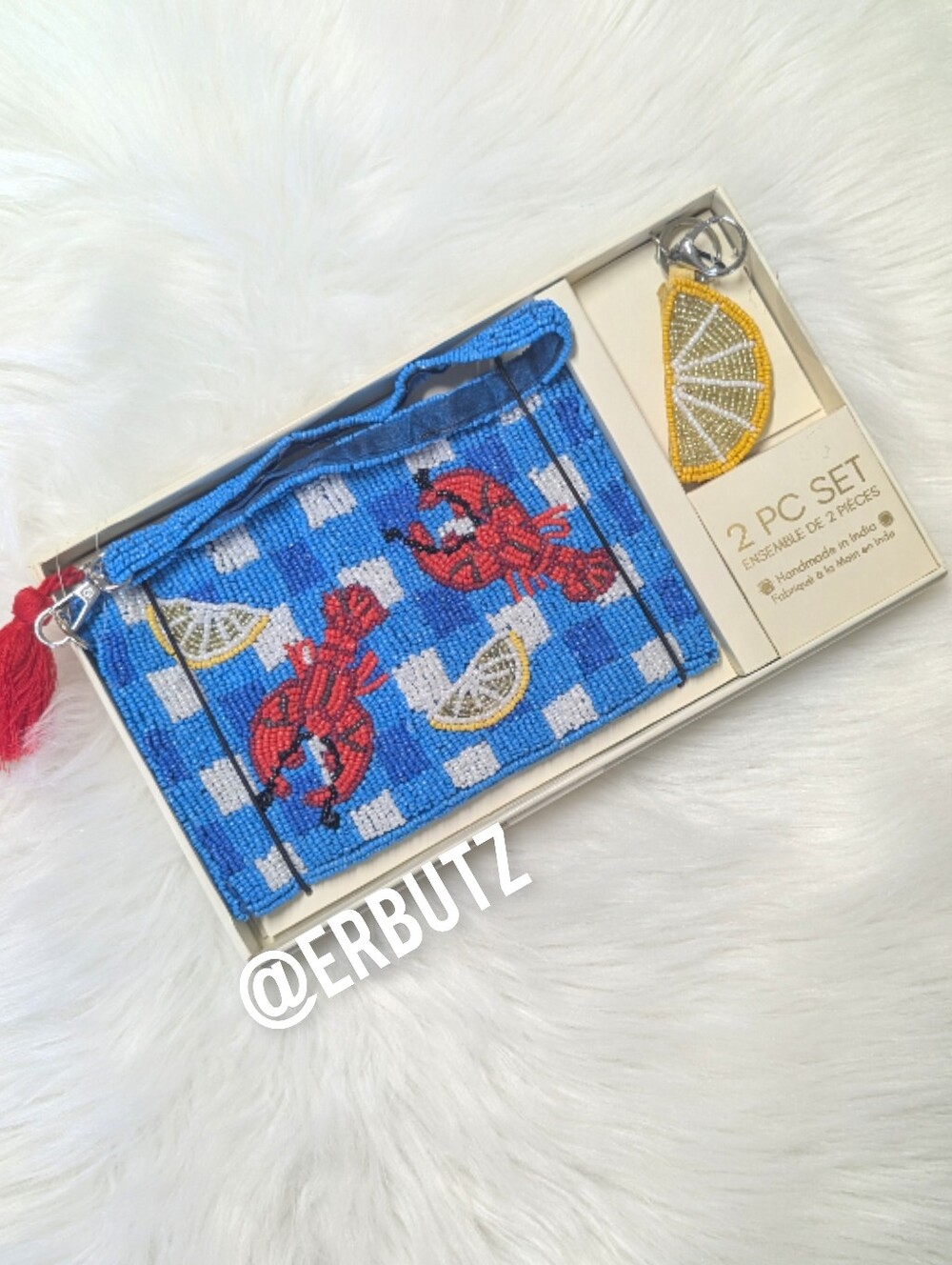 Viral 🎥 SOL and MER Blue Gingham Beaded Lobster & Lemon Wristlet + Keychain 🦞